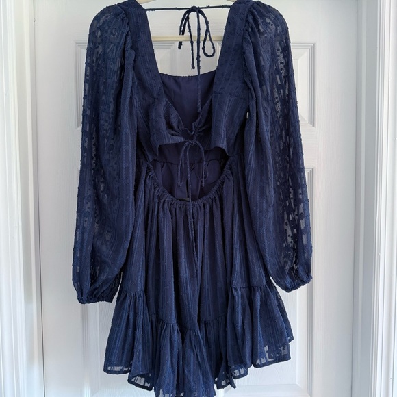 NWT LULUS Only You and I Navy Blue Long Sleeve Tie-Back Mini Skater Dress M - Picture 7 of 10